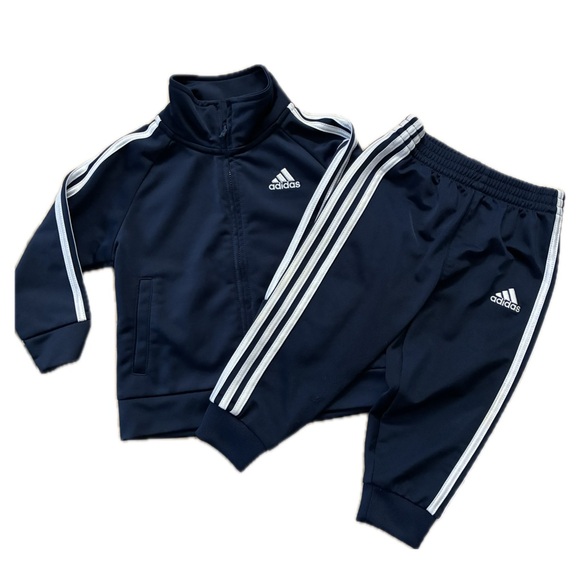 12 Months Adidas Boys Navy Tracksuit with White Stripes Sweatpants set - Picture 1 of 5